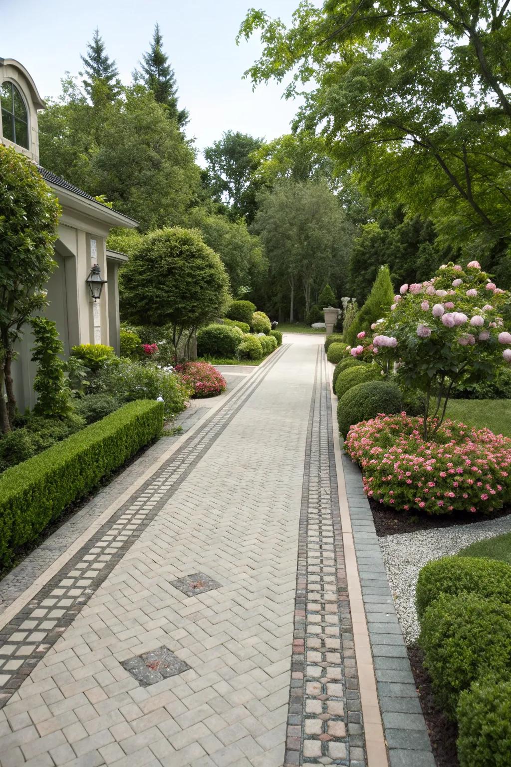 Decorative paver borders enhance driveway aesthetics.