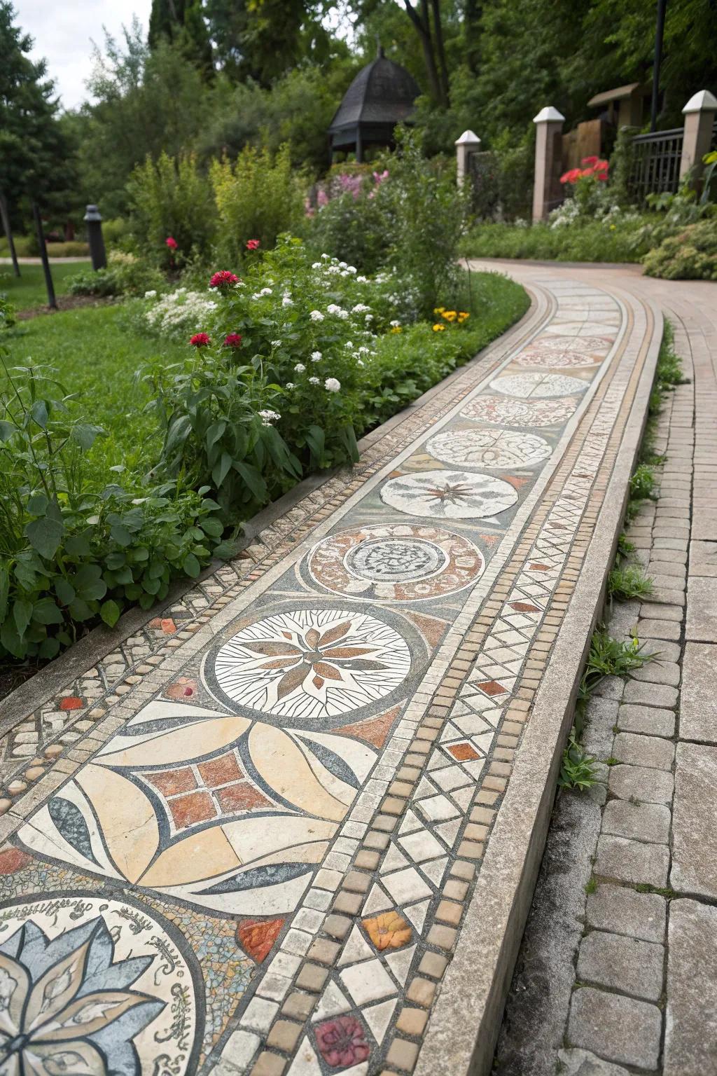 Mosaic paver borders add artistic flair to garden spaces.