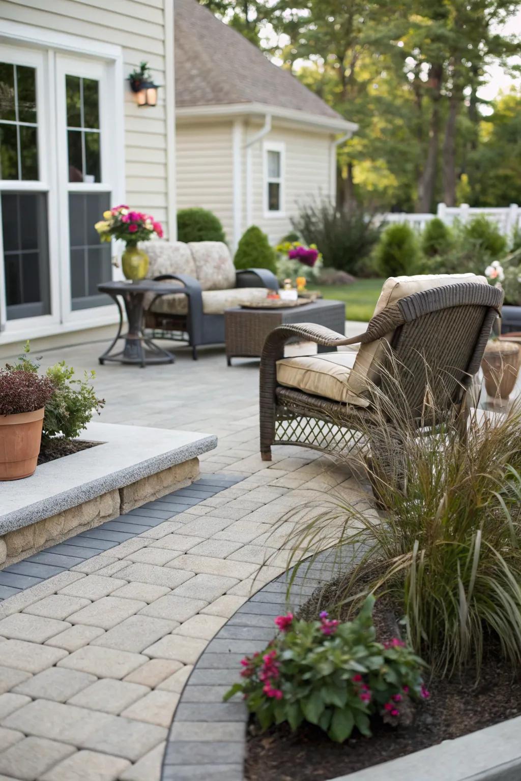 A well-defined patio area creates a cozy outdoor living space.