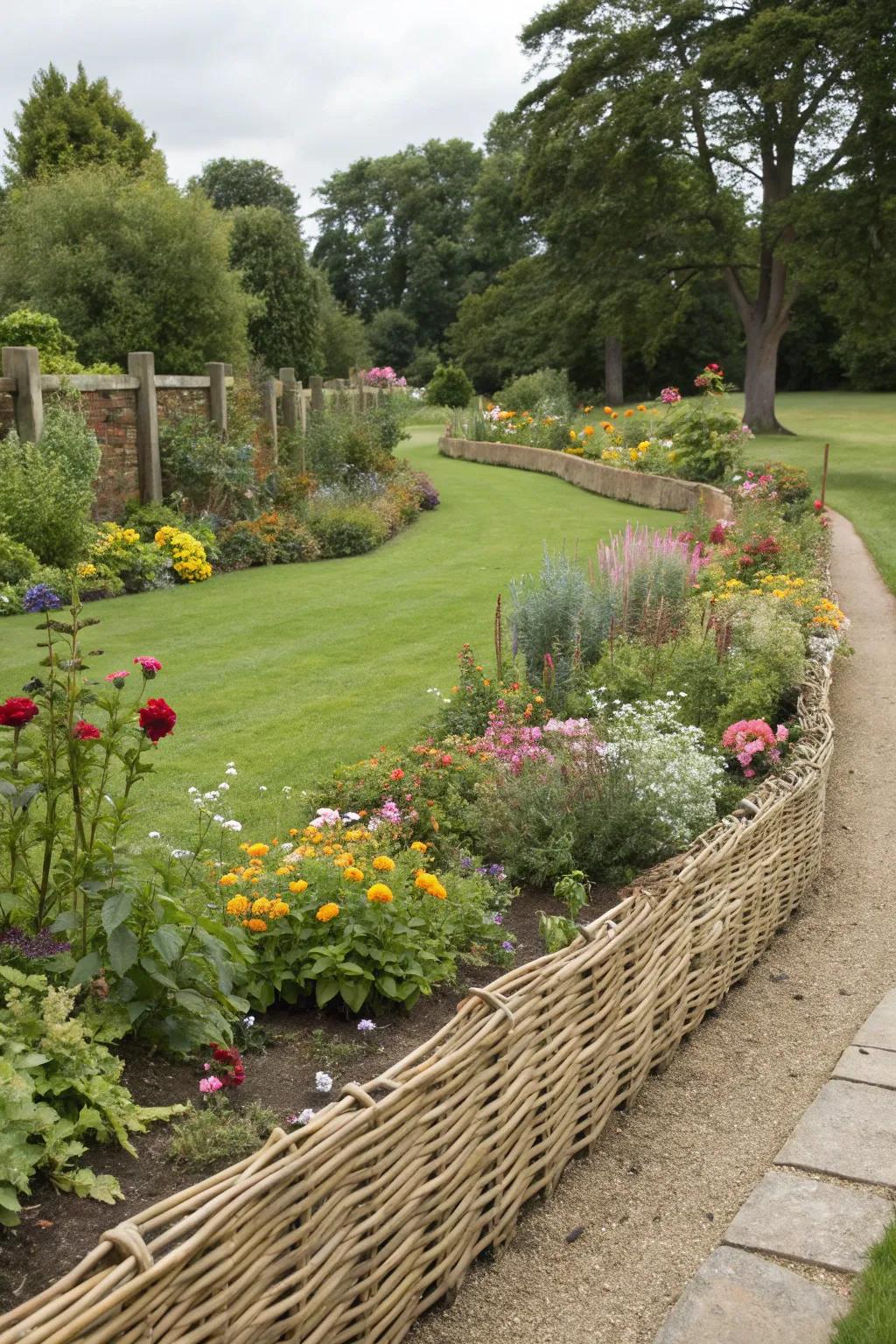 Woven willow panels provide a rustic, natural border for gardens.