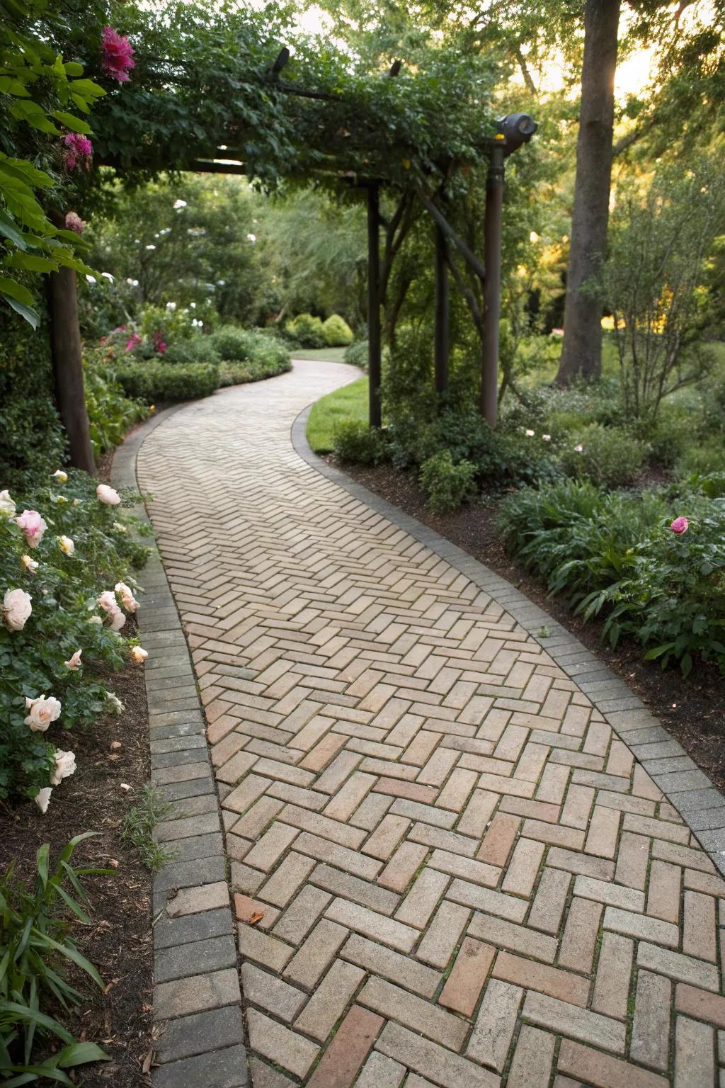 Decorative paver patterns add a unique flair to garden paths.