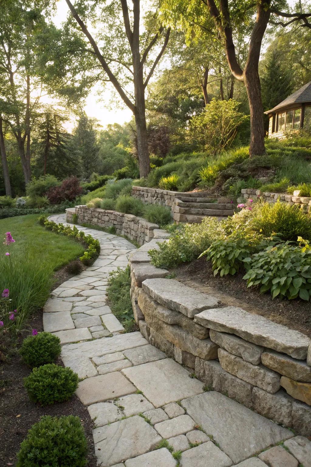 Layered rock walls with pavers create bold, dramatic garden features.