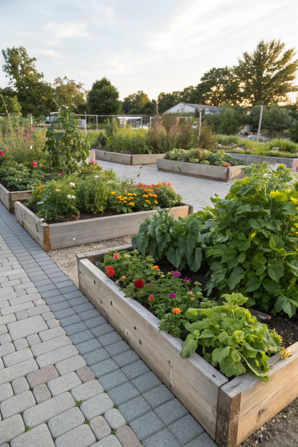 Raised garden beds with paver borders enhance both style and function.