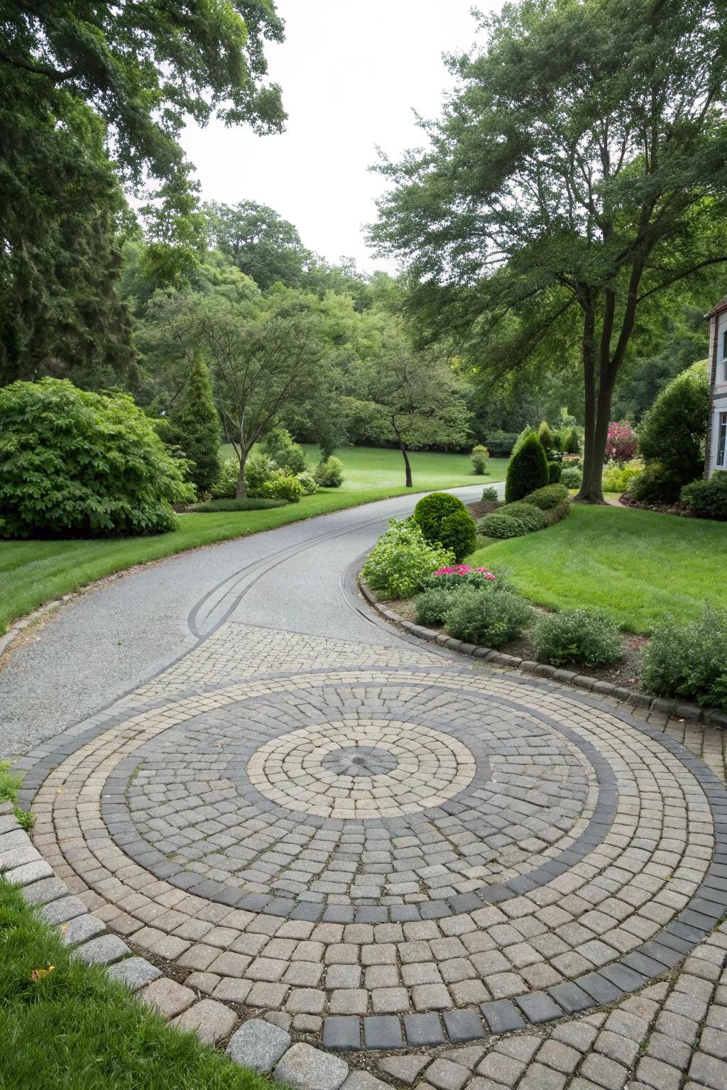 Cobblestone circles add a playful touch to this driveway.