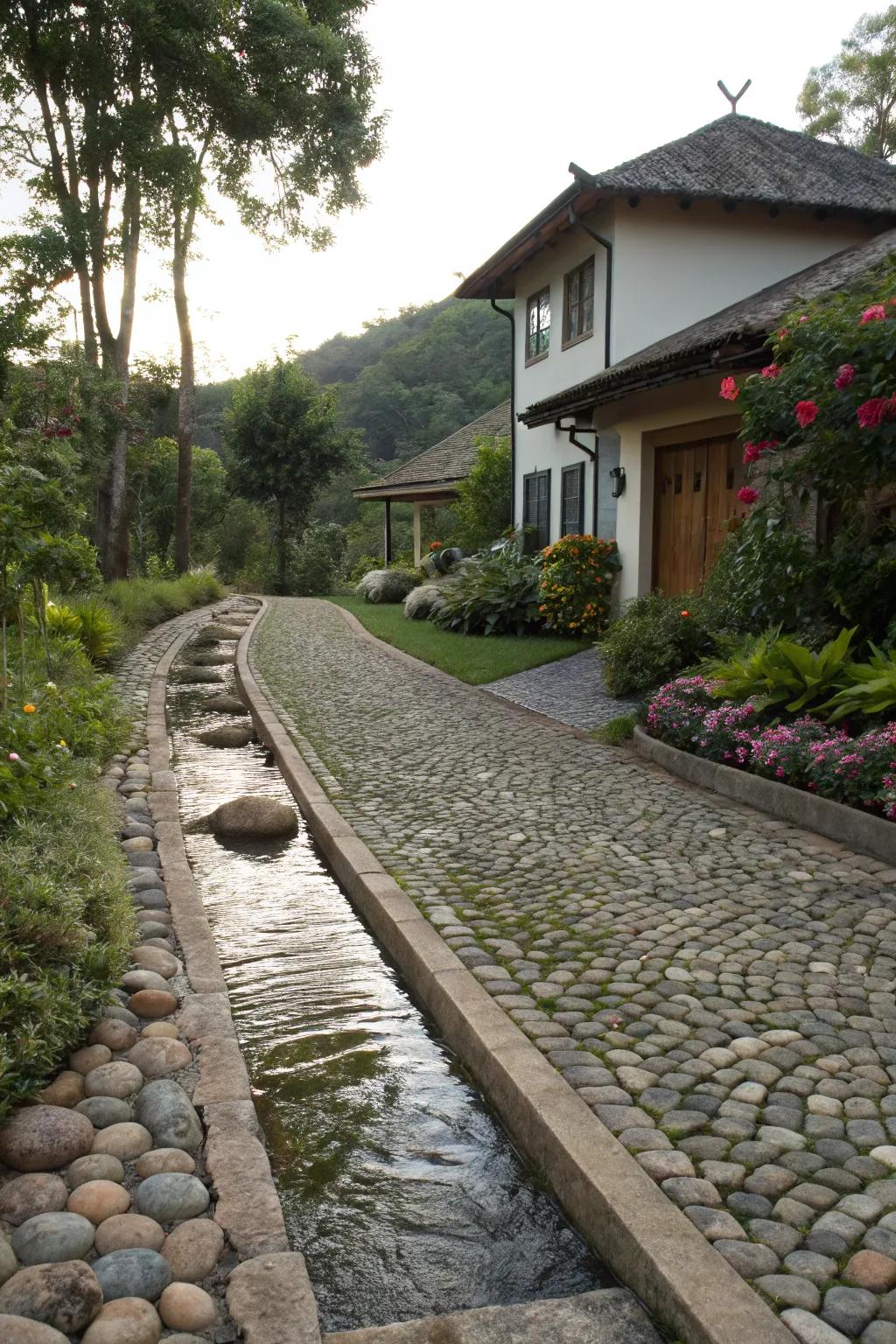 Water features add tranquility and charm to this cobblestone driveway.