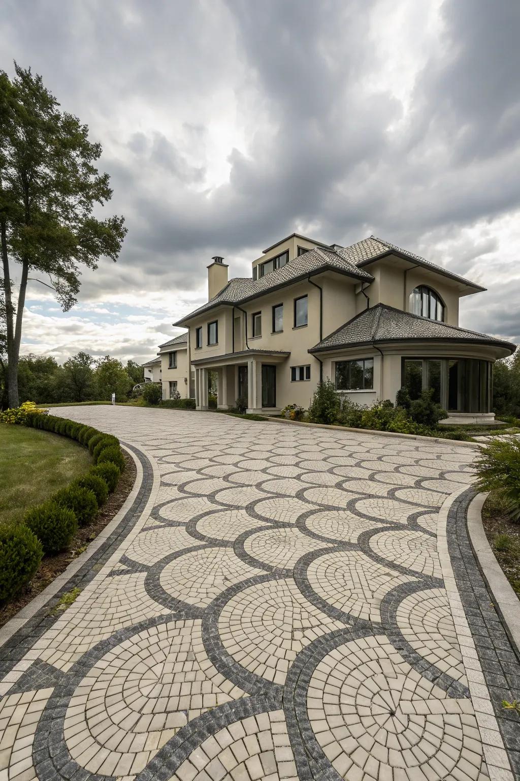 Geometric cobblestones create a striking visual effect on this driveway.