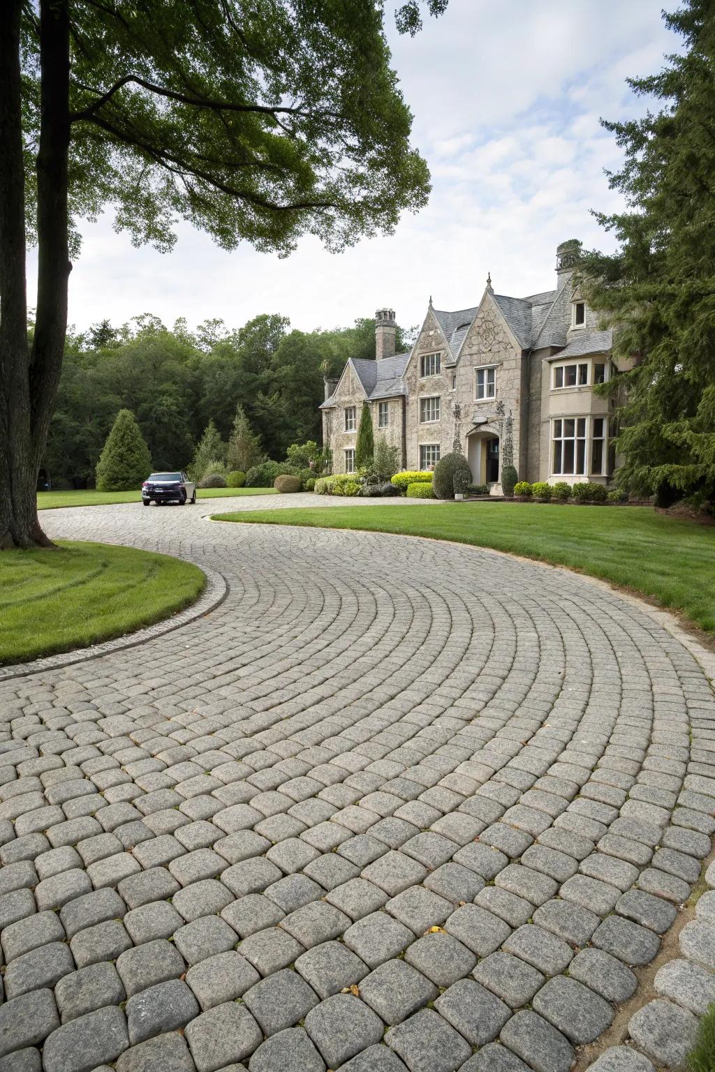 A circular cobblestone driveway makes a majestic entrance to this luxurious property.