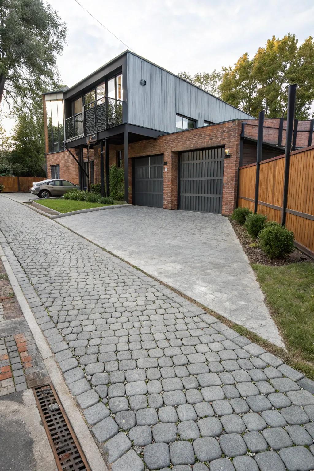 Cobblestones paired with concrete create a modern industrial look.