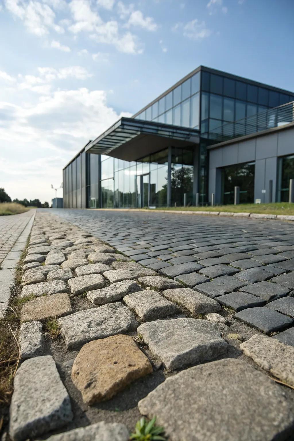 Rough-textured cobblestones provide a rustic charm that complements modern designs.