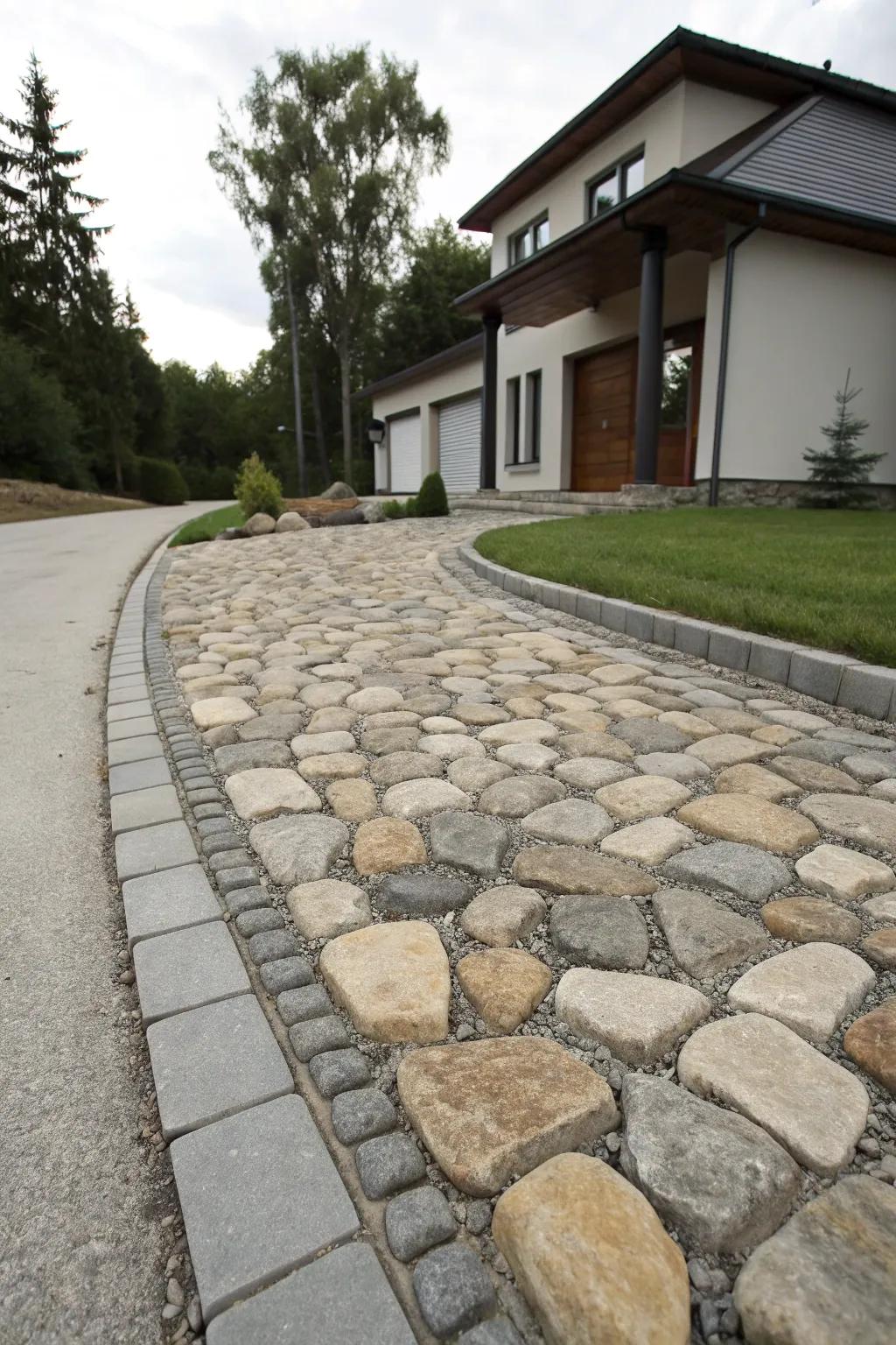A mix of cobblestone colors adds depth and richness to this driveway.