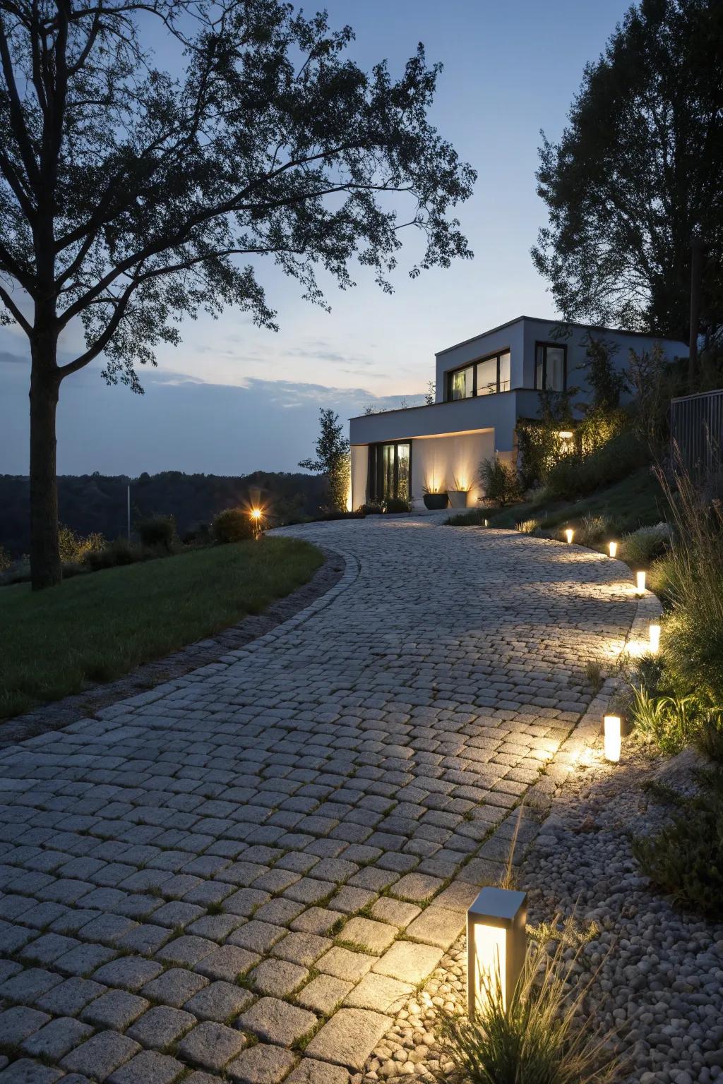 Embedded lights transform this cobblestone driveway into an enchanting nighttime path.