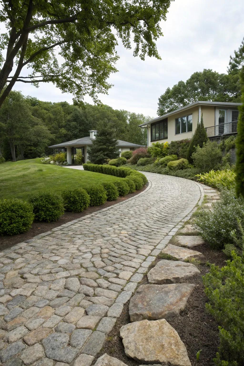 Natural stone borders provide an elegant frame for this cobblestone driveway.