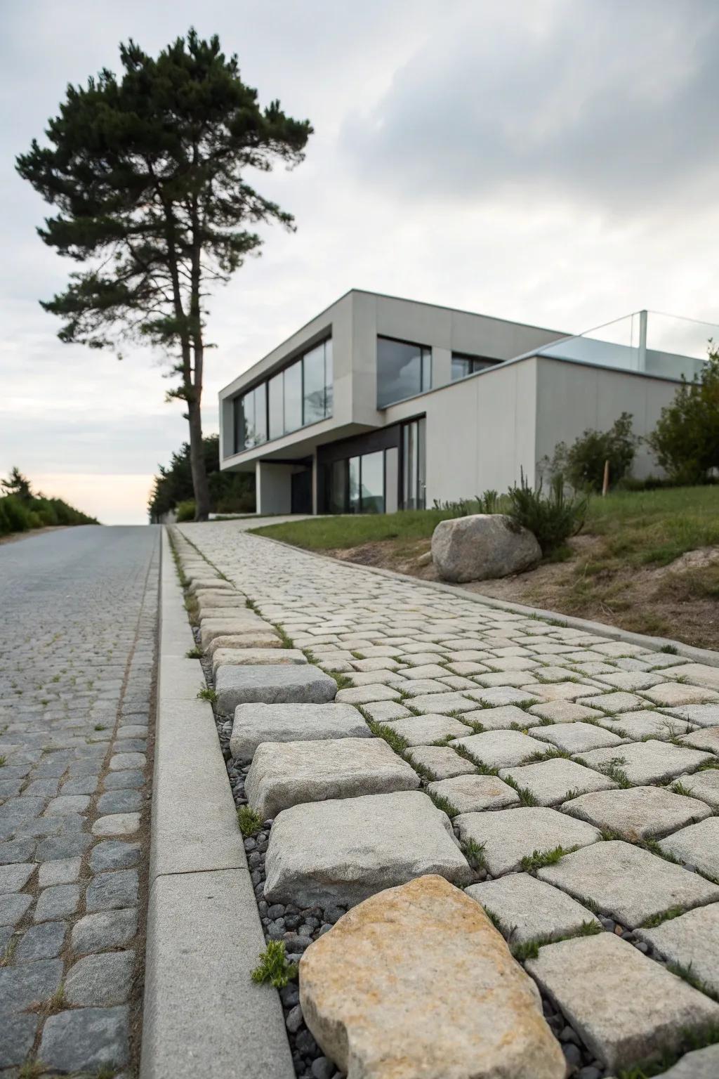 Minimalist design with large cobblestones creates a striking, simple look.