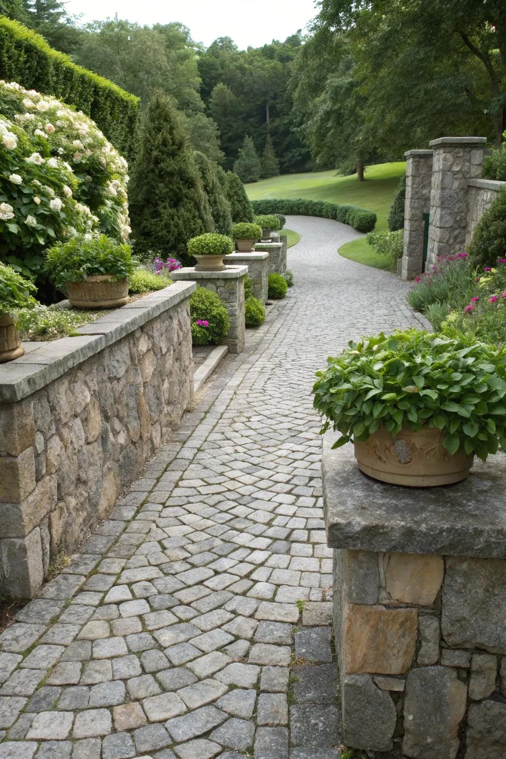 Landscaping features harmoniously blend with this cobblestone driveway.