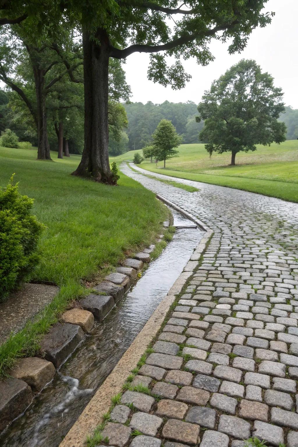 Permeable cobblestones ensure efficient drainage and sustainability.