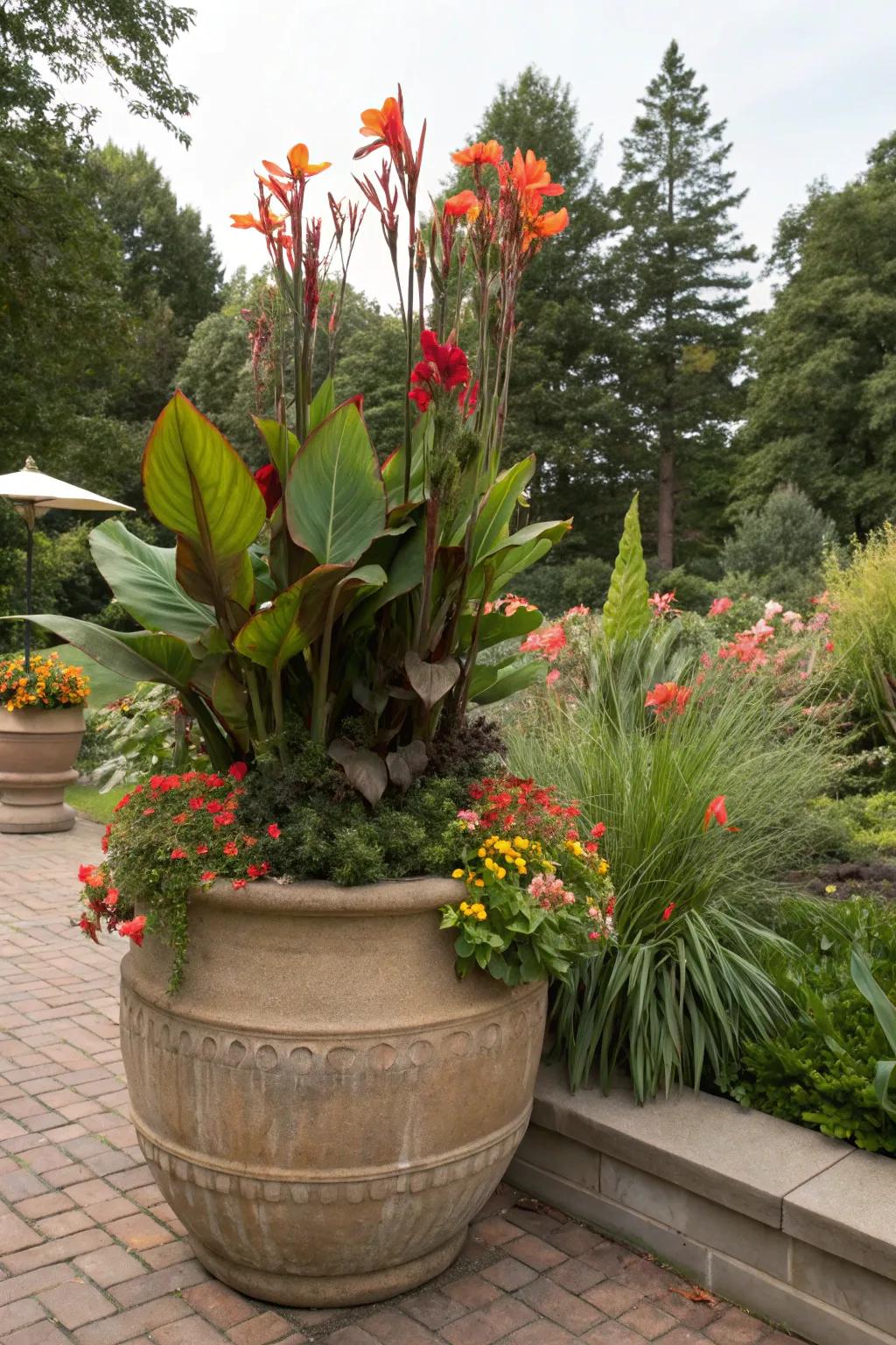 Bold cannas standing tall in a large pot, adding height and color.