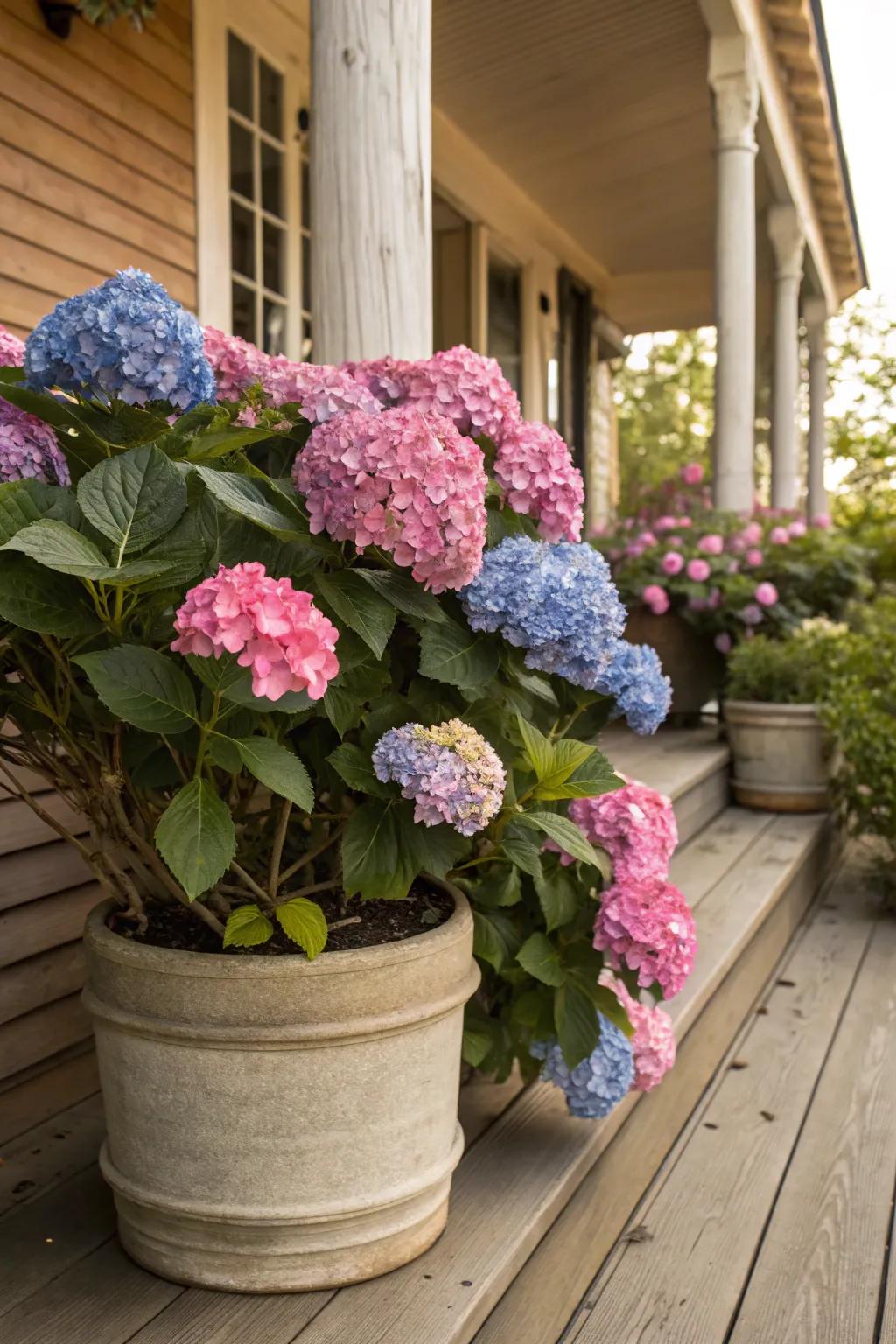 Vibrant hydrangeas bursting with color in a large pot, perfect for a summer porch.