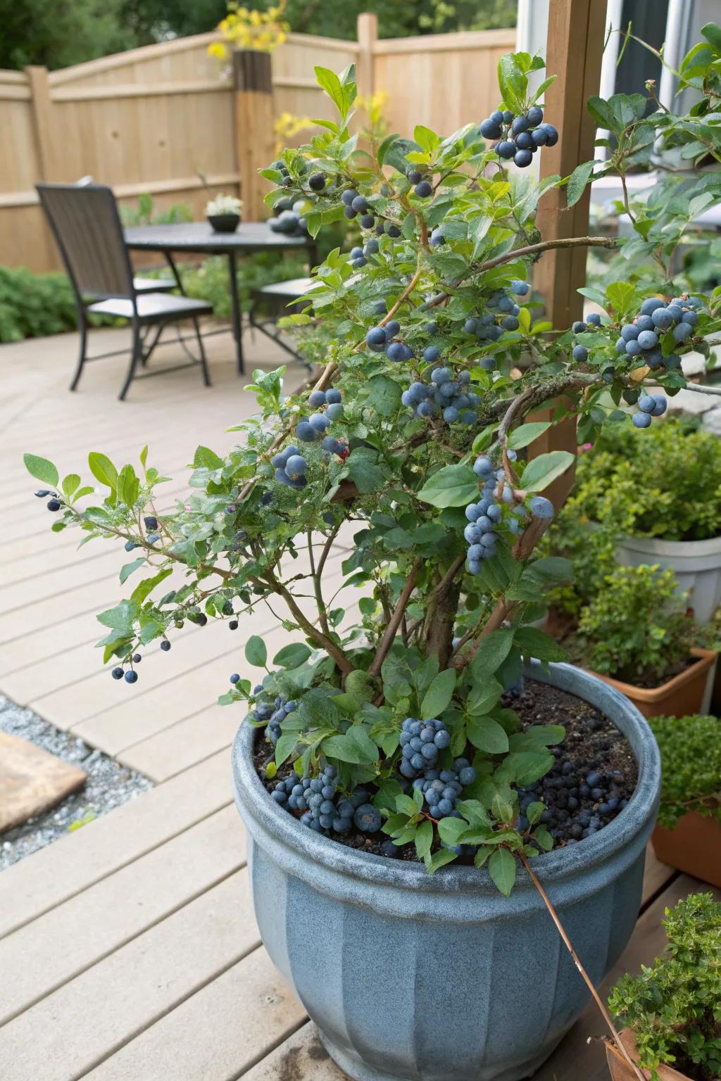 A bountiful blueberry bush in a large pot, ready for picking.