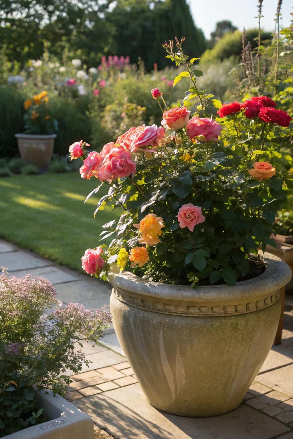 Blooming patio roses in a large pot, spreading fragrance and joy in the garden.