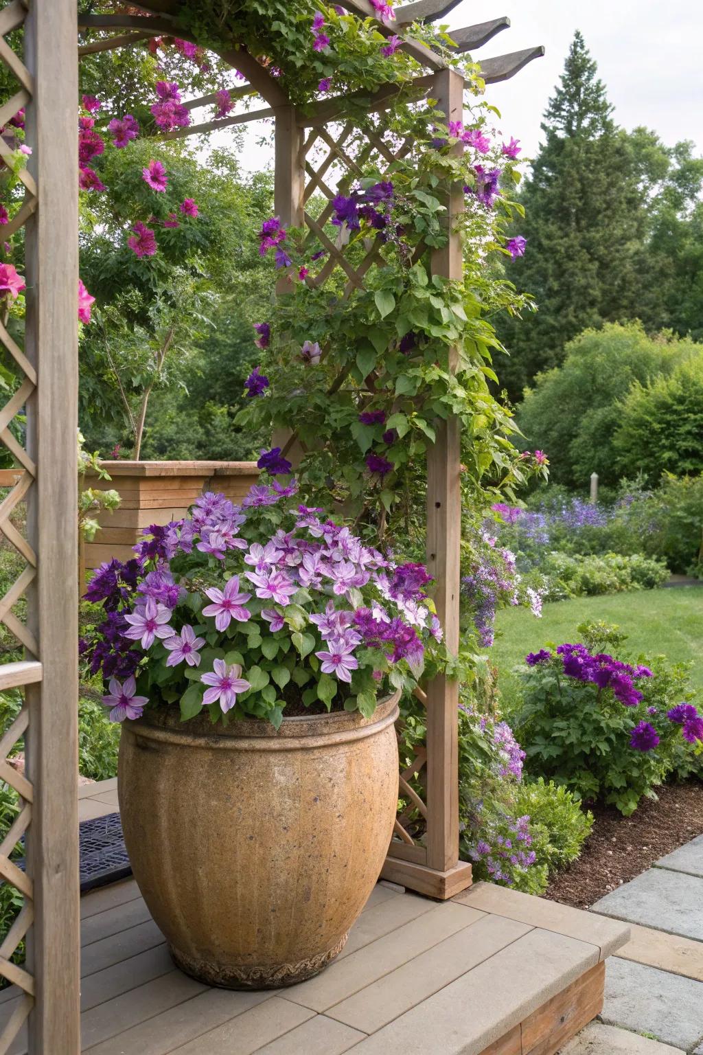Clematis climbing high from a large pot, adding floral magic to the garden.