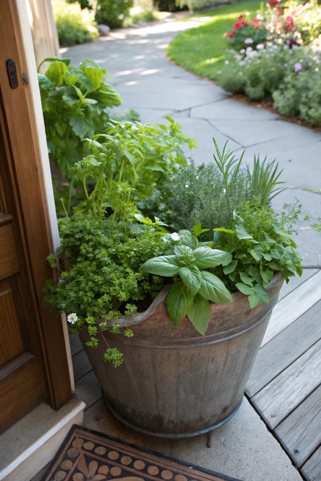 Fresh herbs thriving in a large pot, conveniently located by the doorstep.