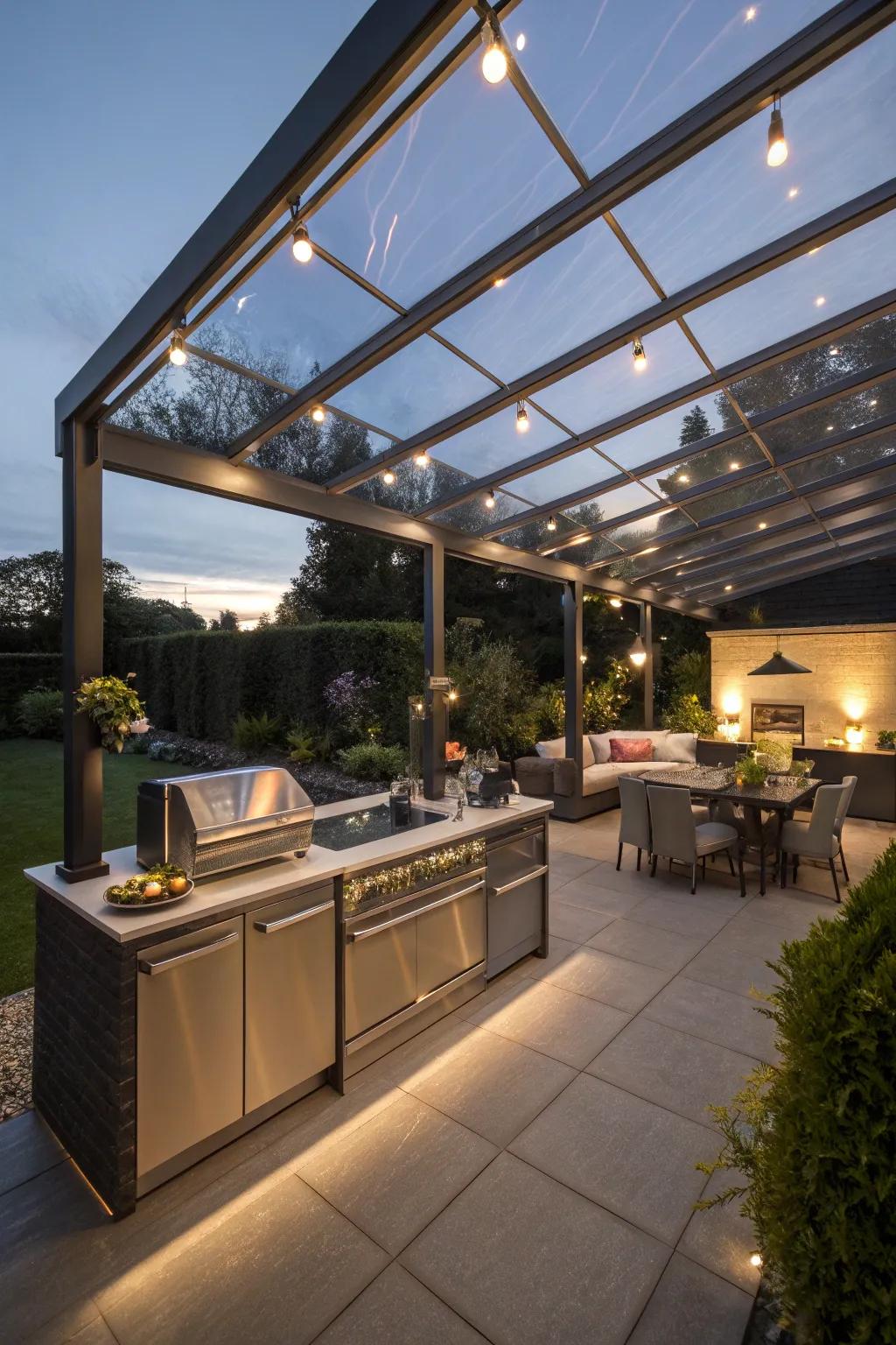 Modern elegance with a glass roof pergola.