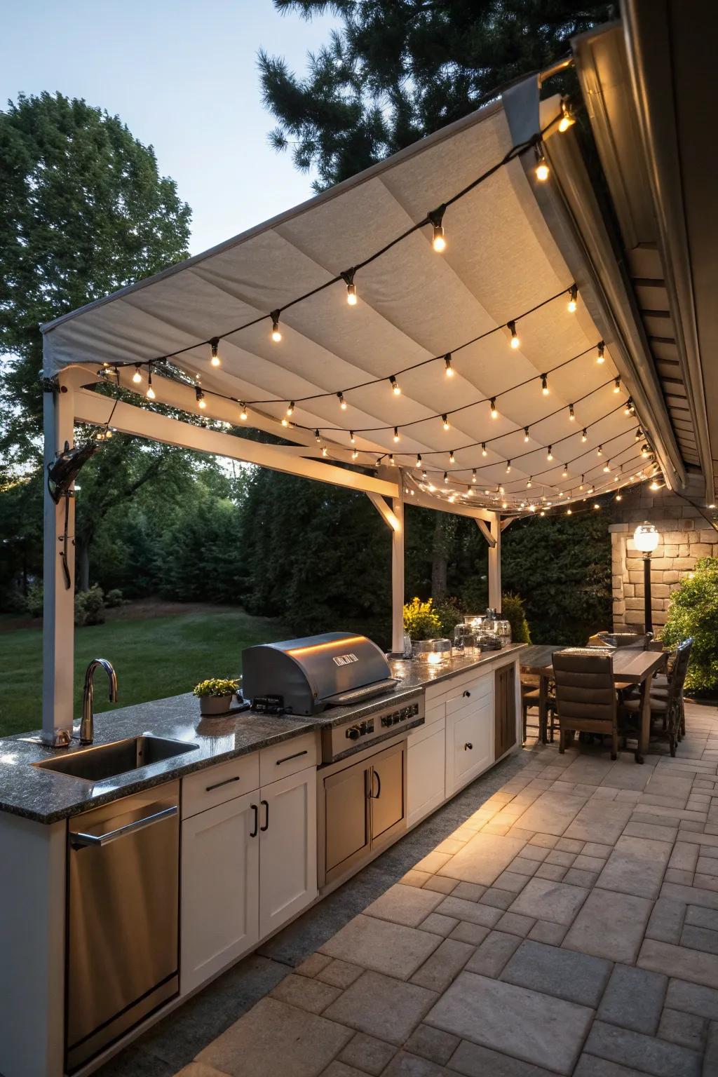 Illuminate your evenings with a fabric awning and built-in lights.
