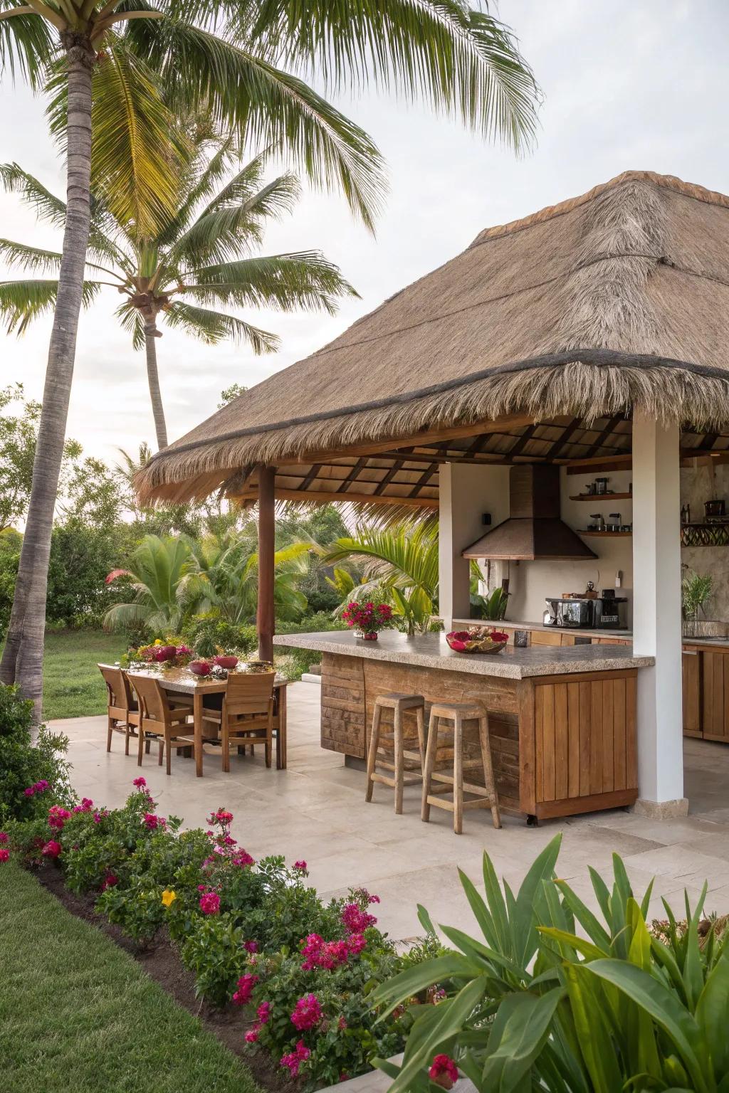 Enjoy a vacation vibe with a thatched roof awning.