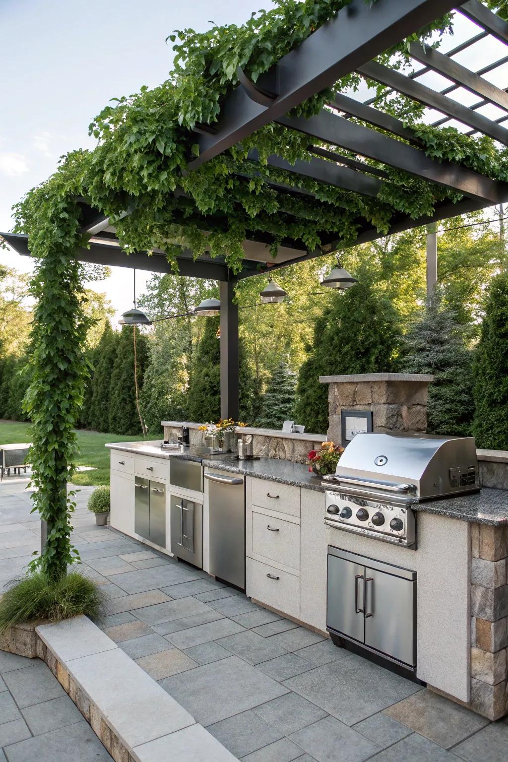 Durable and beautiful, an aluminum pergola with vines.