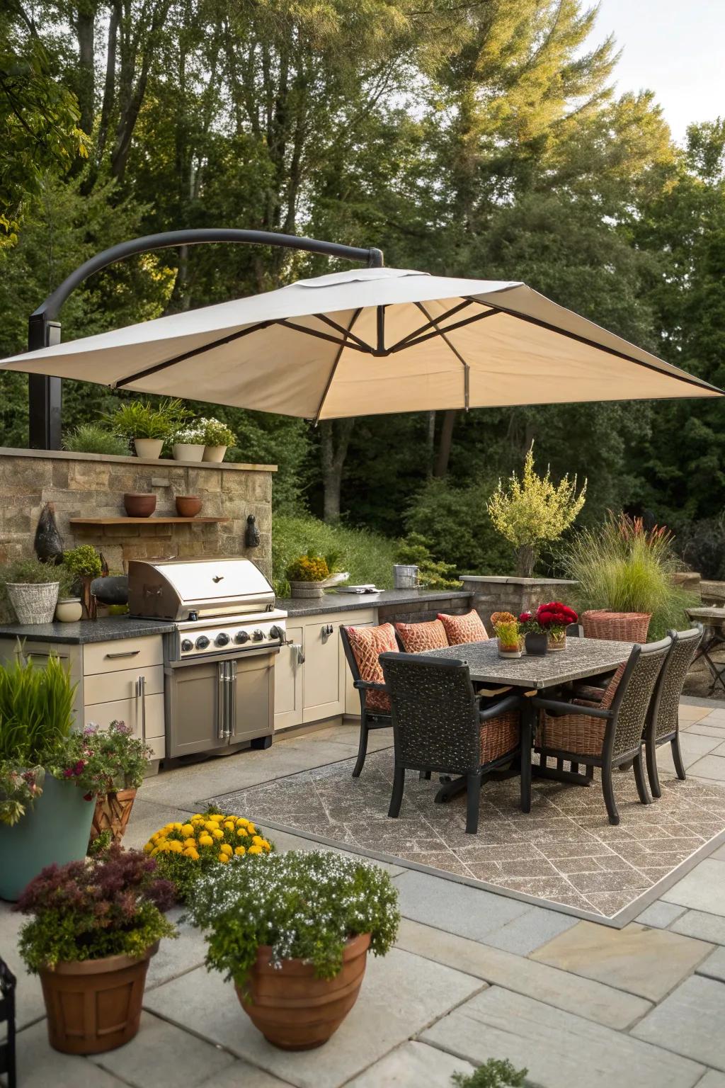 Flexible shade on demand with a cantilevered umbrella.