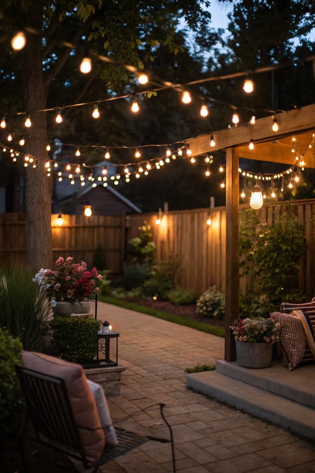 String lights add charm and create a cozy, private atmosphere.