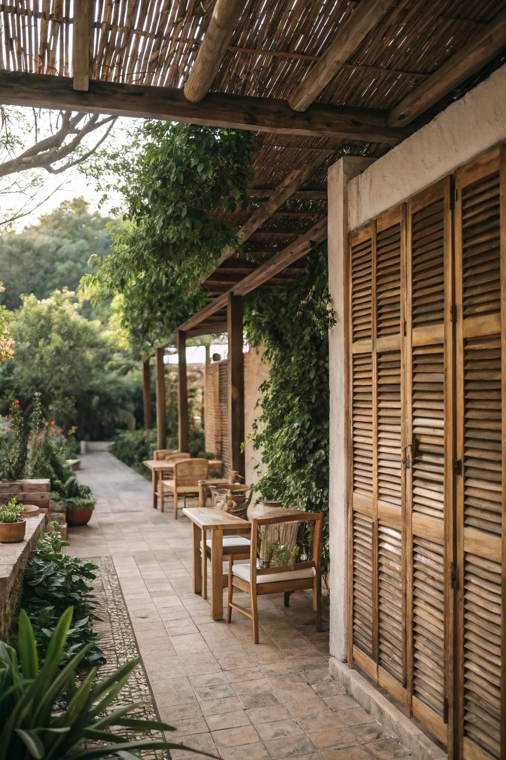 Rustic wooden screens offer a natural and elegant solution for patio privacy.