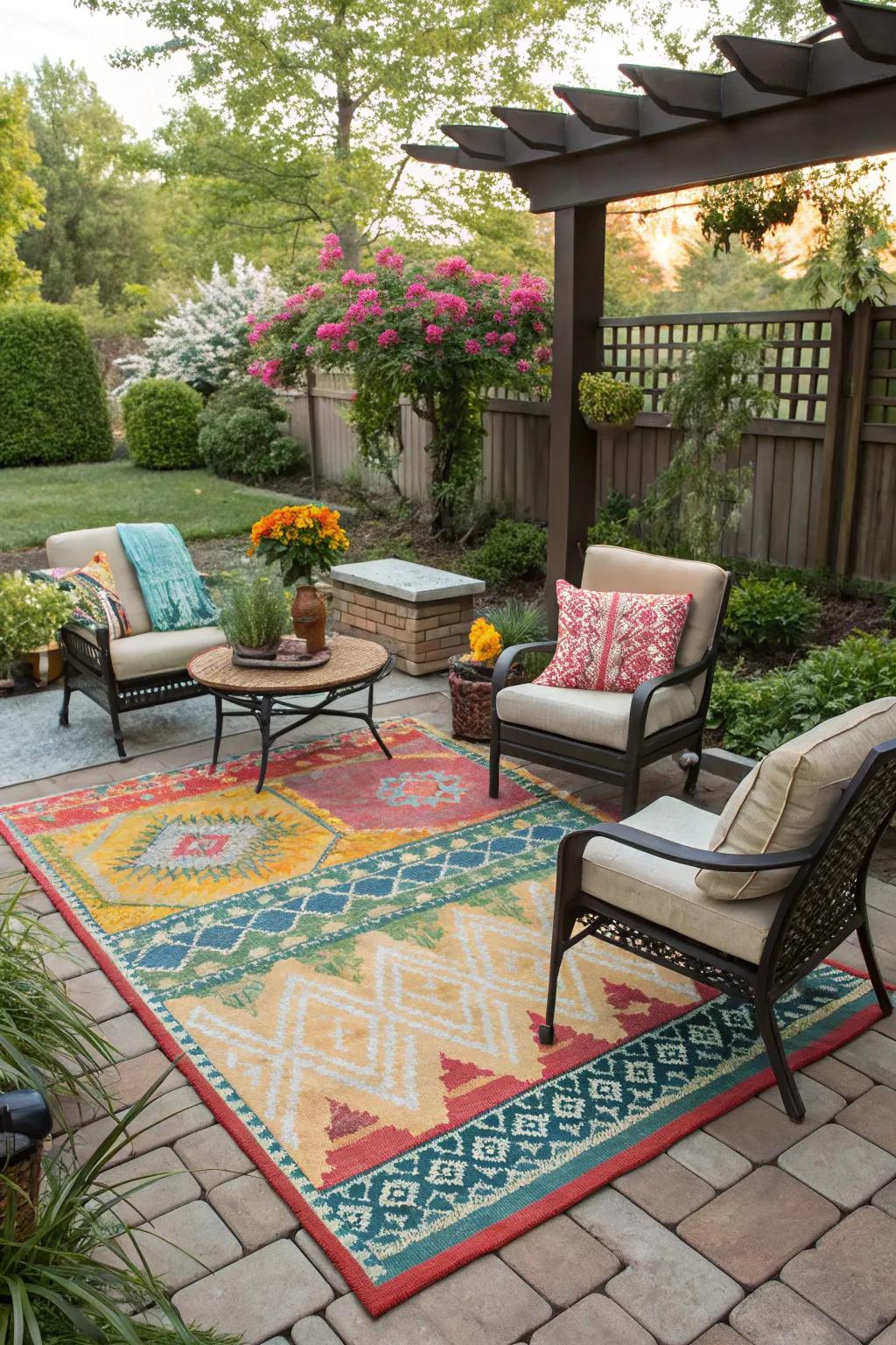 Outdoor rugs enhance privacy by creating defined, cozy spaces.