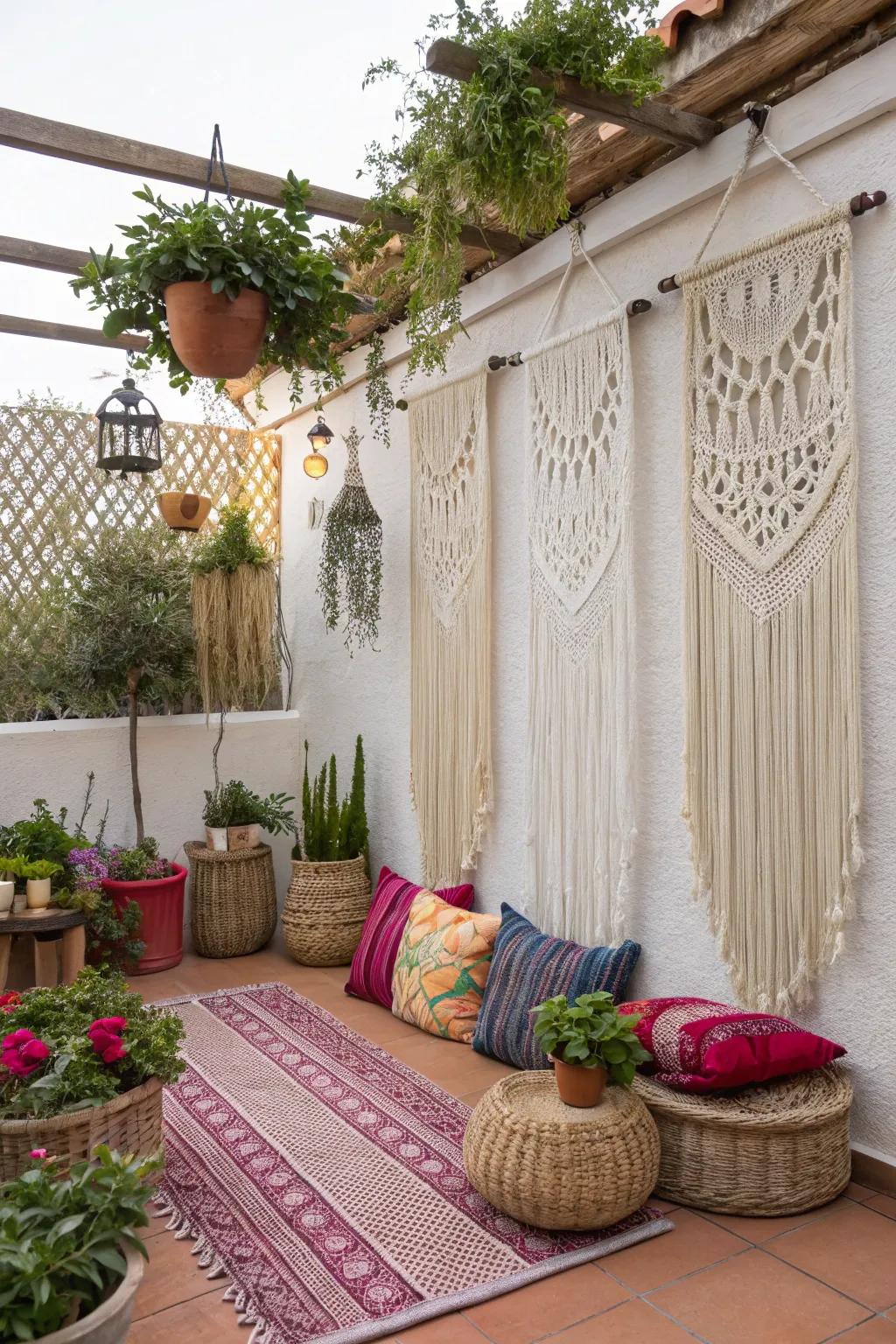 Macramé panels provide an artistic and bohemian-inspired privacy option.