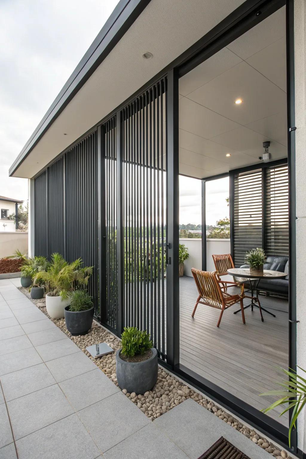 Vertical slatted screens offer a sleek and modern privacy option.