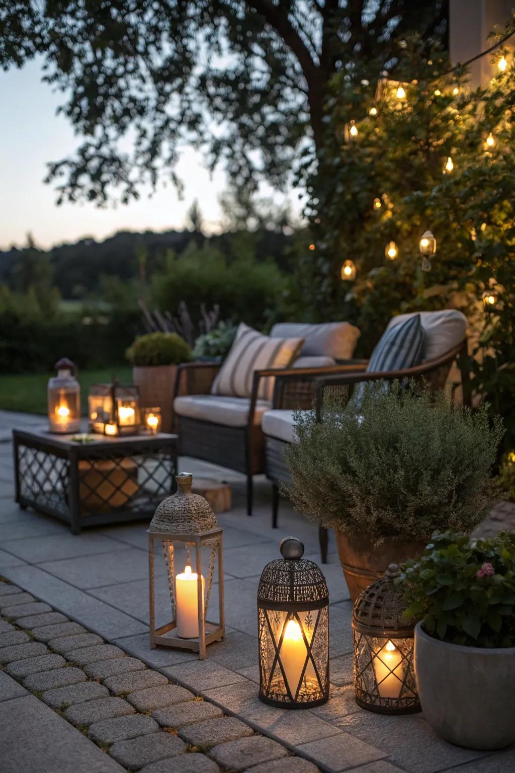 Garden lanterns create a magical and private atmosphere.
