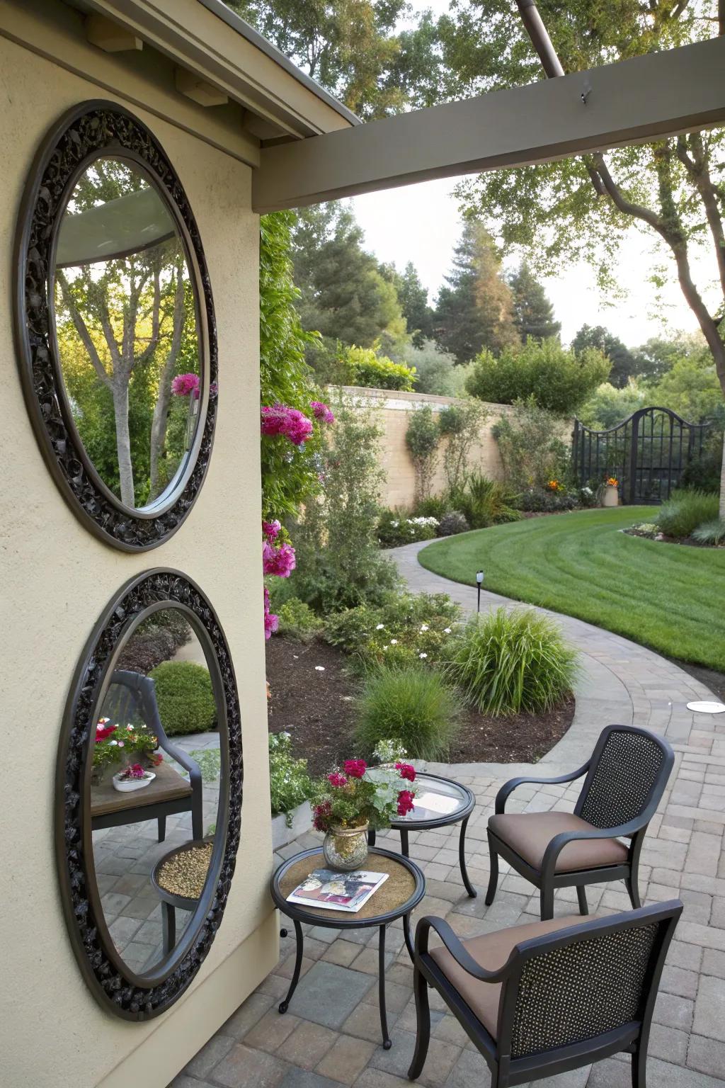 Decorative mirrors enhance privacy while expanding visual space.