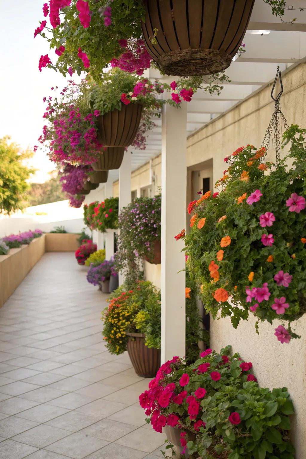 Hanging planters offer a vibrant and space-efficient privacy solution.