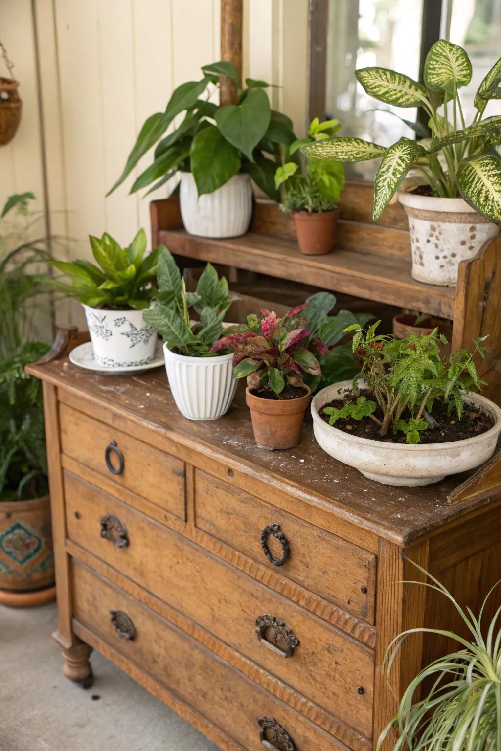 Repurposed furniture adds character to your plant display.