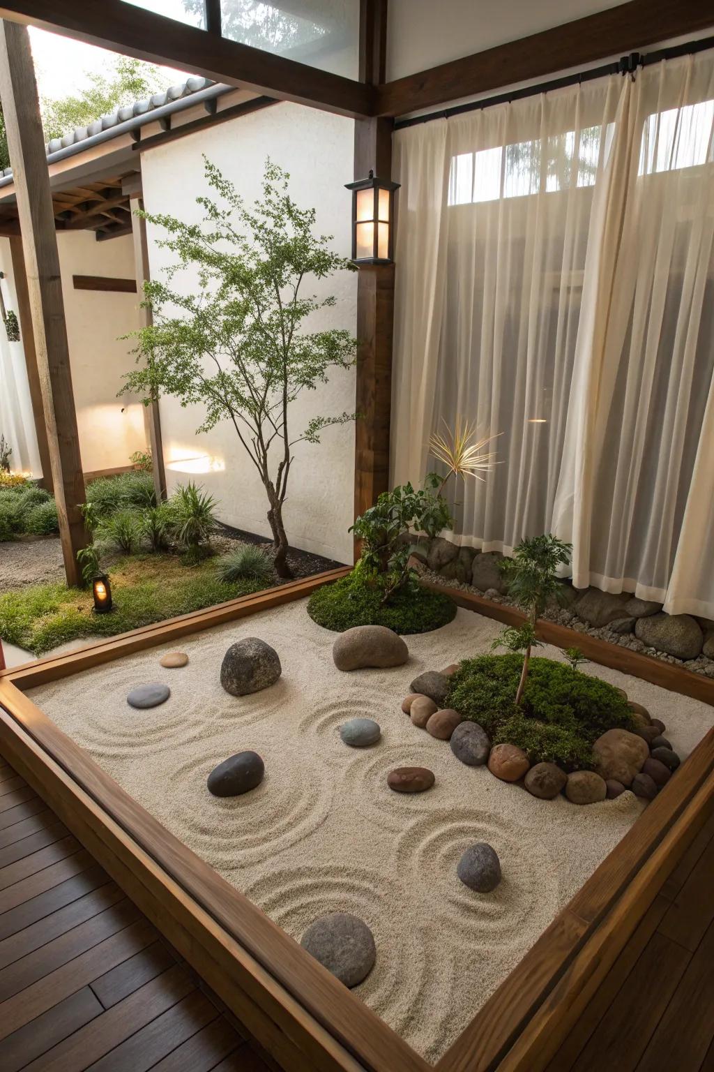 An indoor Zen garden offers peace and tranquility.