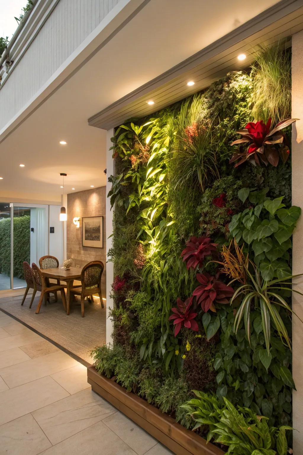 A vertical garden adds lush greenery to any wall.