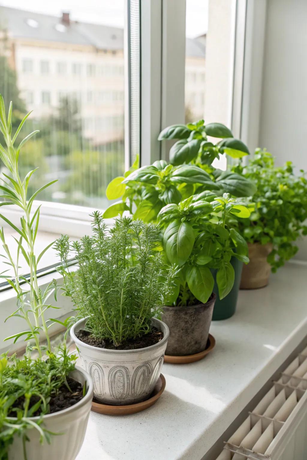 A kitchen herb garden offers fresh flavors year-round.