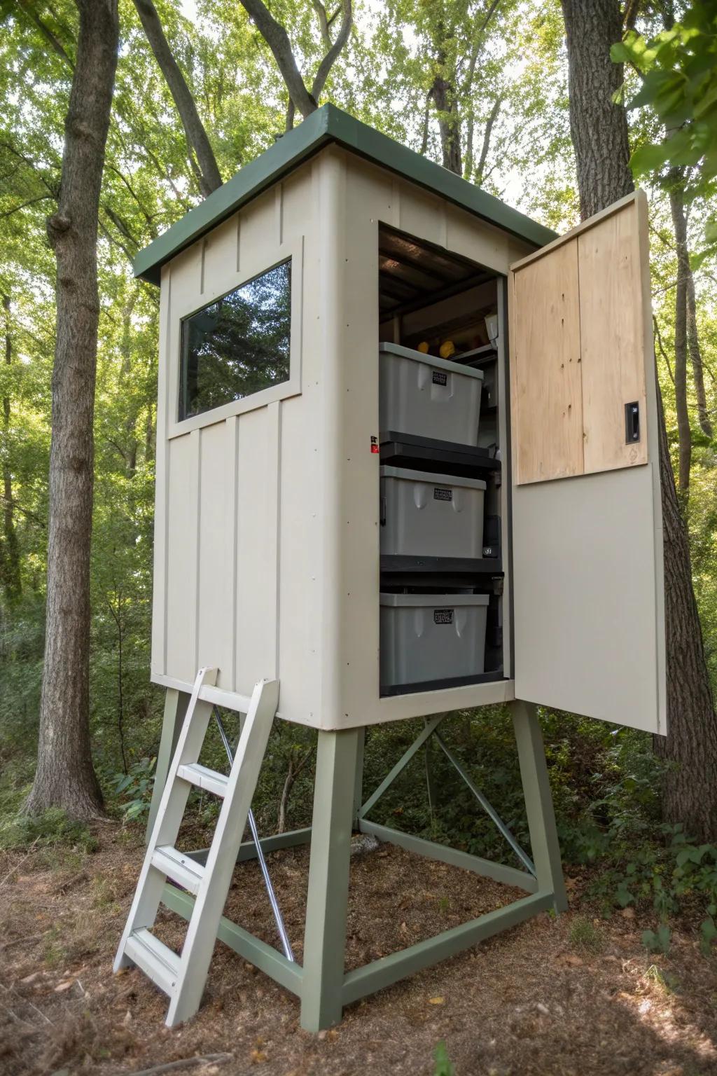 Hidden storage keeps your deer stand tidy and organized.
