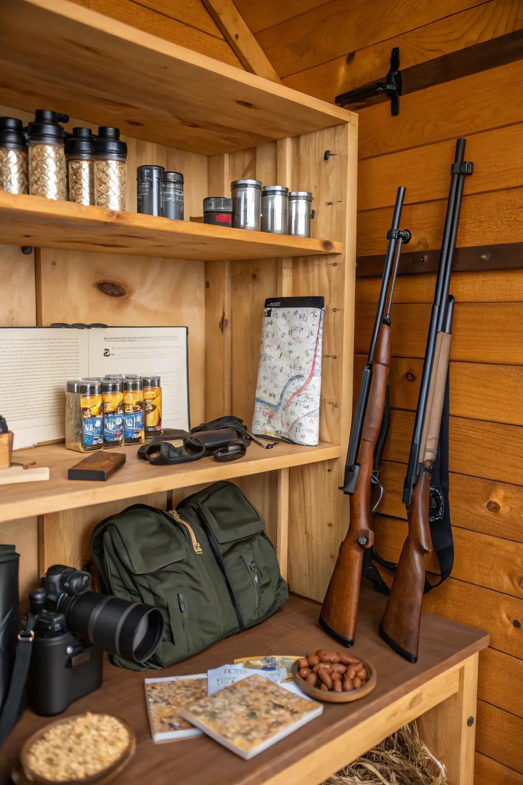 Smart shelving keeps your deer stand tidy and organized.