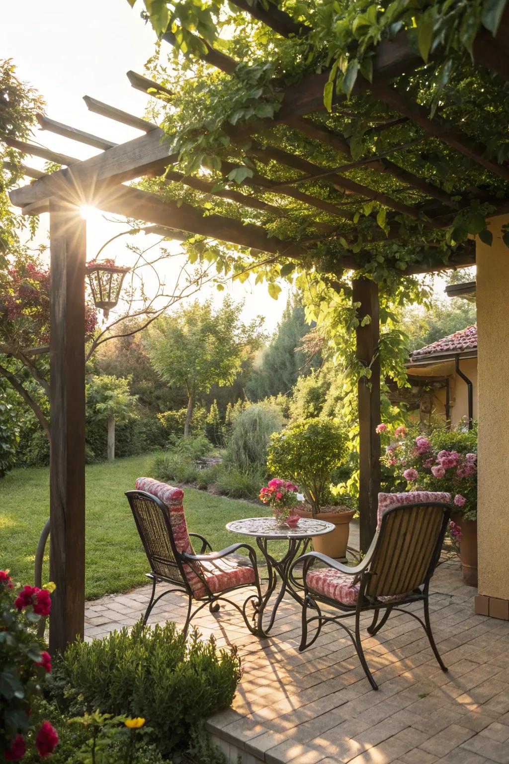 A cozy patio area perfect for relaxing in a south-facing garden.