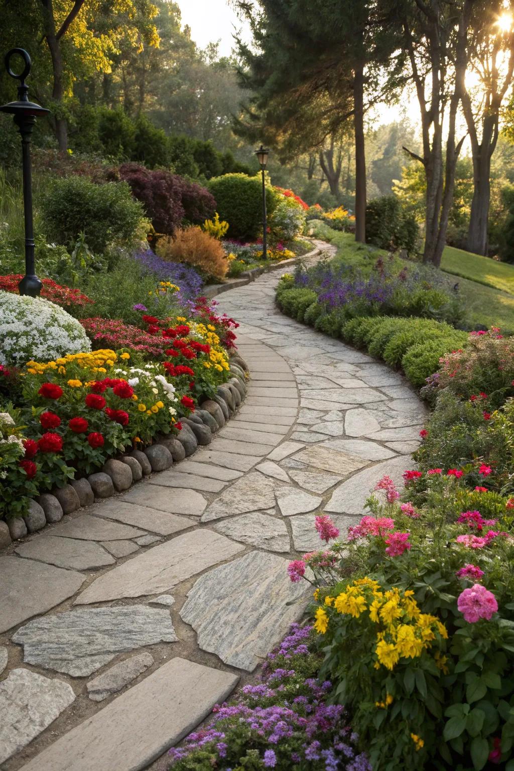 Decorative pathways add elegance and direction to the garden.