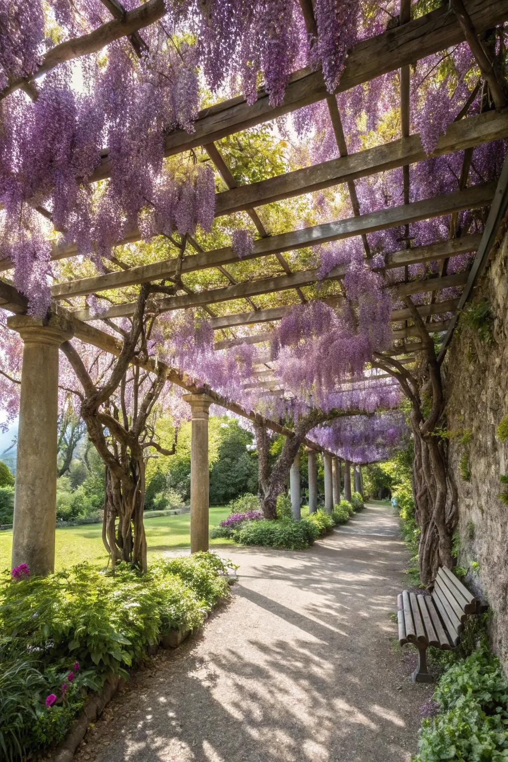A pergola with climbing vines offers style and shade.