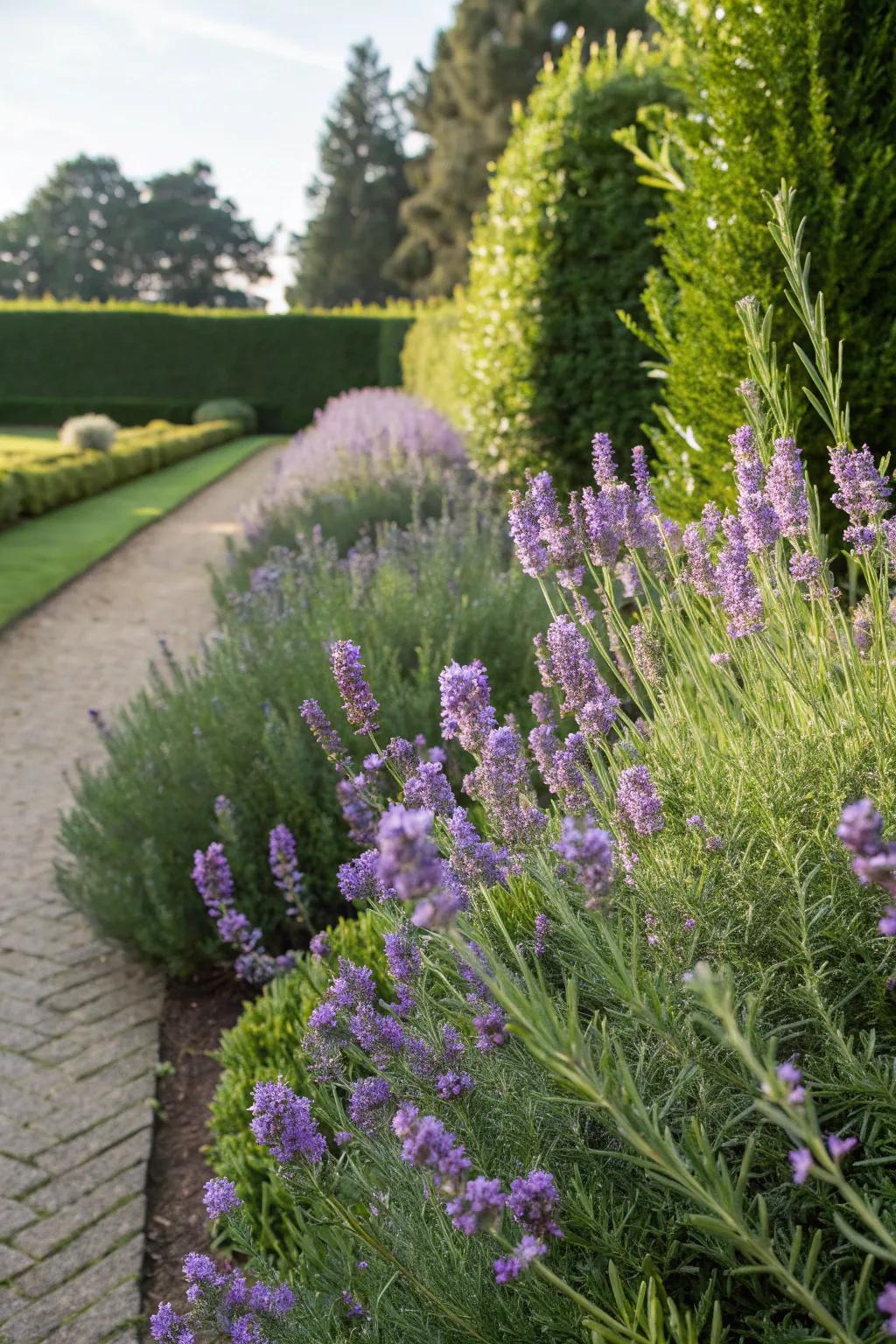 Sun-loving shrubs like lavender add structure and scent.
