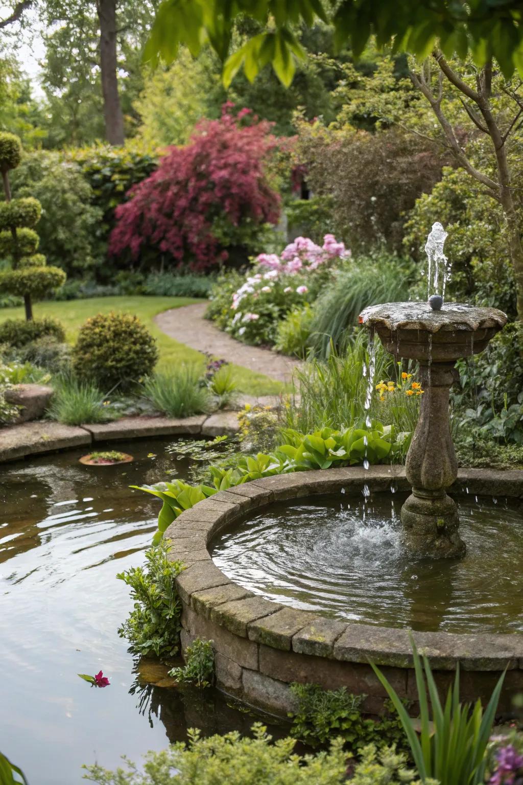 A soothing water feature enhances the tranquility of the garden.