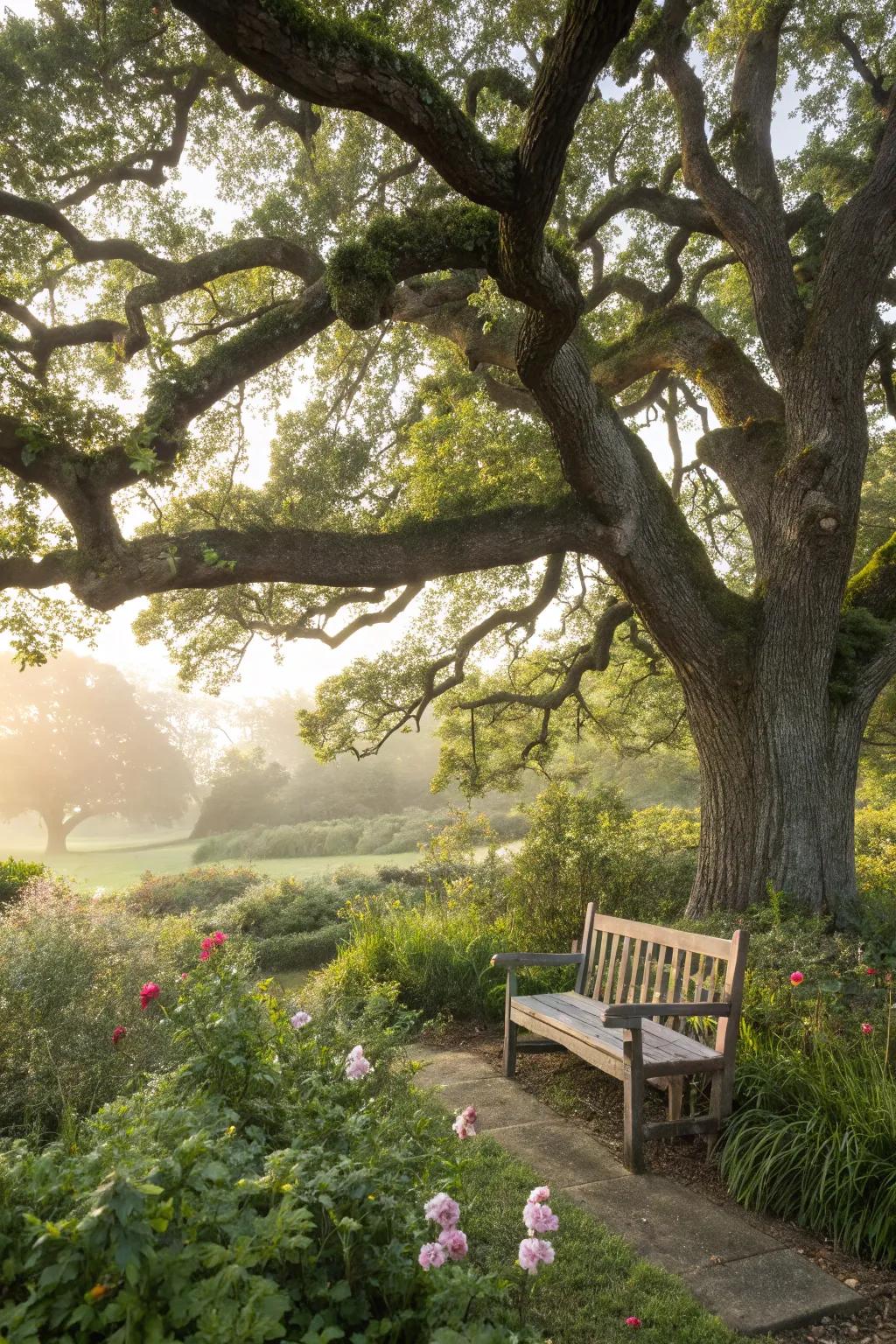 Large trees offer natural shade and a focal point.